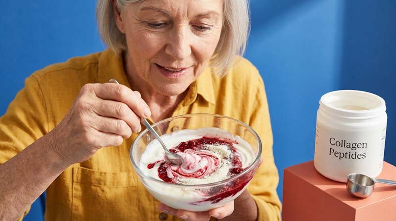 An older white woman stirs white powder into yoghurt and raspberry compote, with an open supplement tub and measuring scoop beside her.