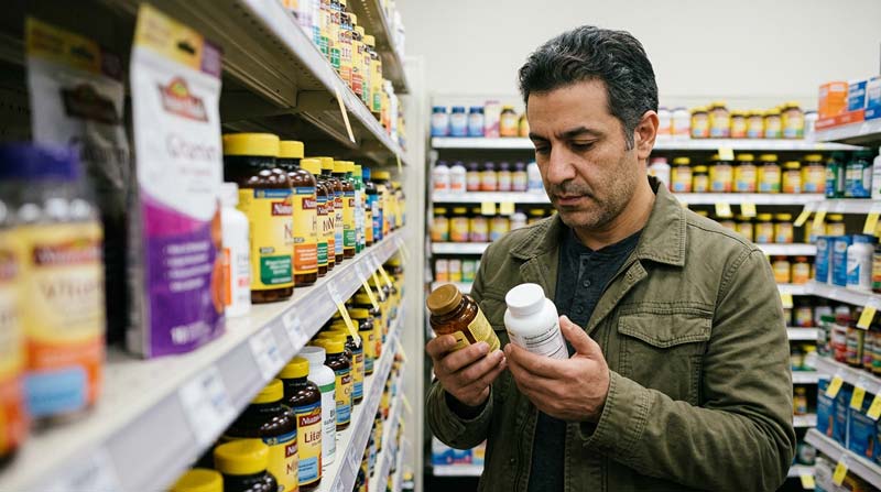 A man compares the labels on two supplement bottles in a pharmacy aisle.