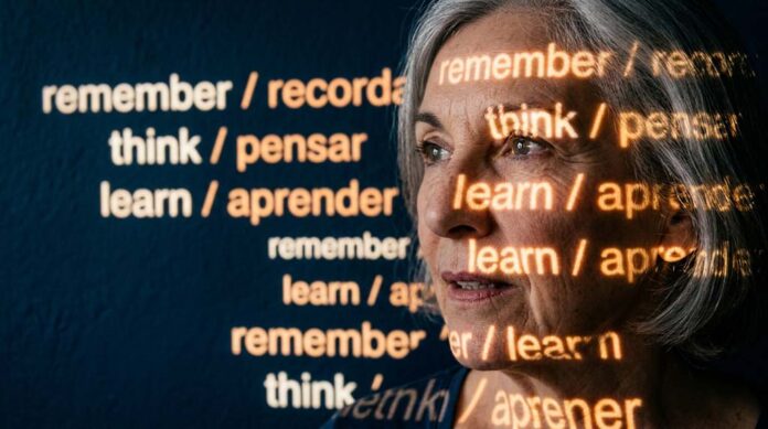An older woman surrounded by projected English and Spanish words in a visual exploration of how bilingualism affects ageing.
