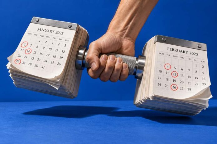 A hand lifts a dumbbell made from calendar blocks with red-circled dates, symbolising a strength training schedule.