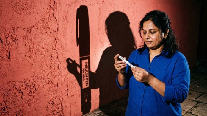 A woman examines an injection pen beside its enormous shadow in a feature image about Wegovy, Ozempic and Mounjaro.