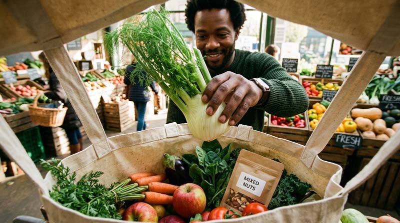 A view from inside a reusable shopping bag looking up at a shopper placing fresh fennel into the bag among other vegetables and fruit at a produce market.