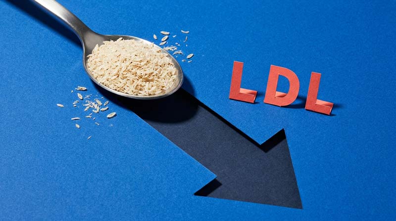 A spoonful of psyllium husk casts a stylised downward arrow shadow beside coral paper letters spelling LDL on a cobalt-blue surface.