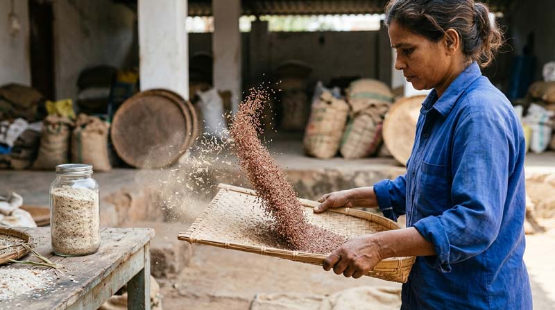 A woman tosses seeds in a woven tray as lighter chaff drifts aside, with a jar of pale husk flakes on the nearby workbench.