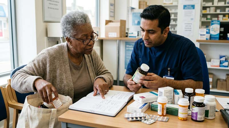 An older woman and a pharmacist examine supplement bottles alongside prescription medicines and her handwritten record.