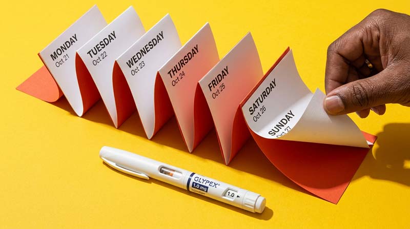 A hand lifts one of seven curling calendar pages arranged around a medicine injection pen on a yellow surface.