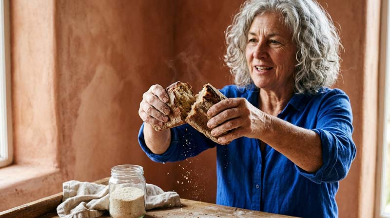 A smiling silver-haired woman tears open a loaf beside a jar of psyllium husk, with crumbs falling from the separated crust.