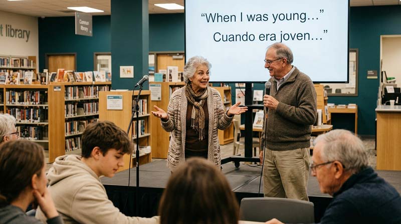 Older adults share a bilingual story with a multigenerational library audience, illustrating the theme of how bilingualism affects ageing.