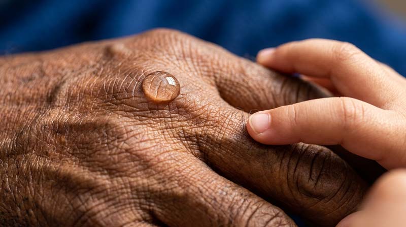 A child’s fingertip touches an older man’s dark-skinned hand beside a clear water droplet, revealing fine lines and creases.
