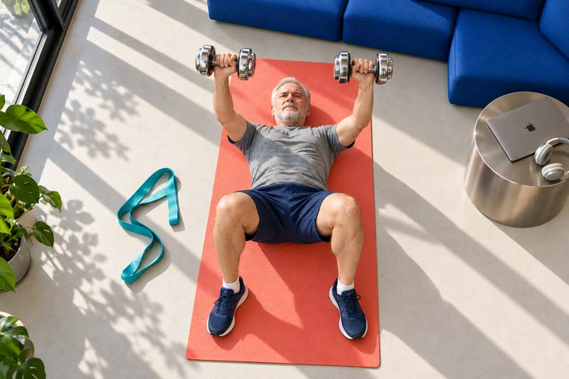 An older man practises strength training with a dumbbell floor press on a coral mat in a contemporary sitting room.