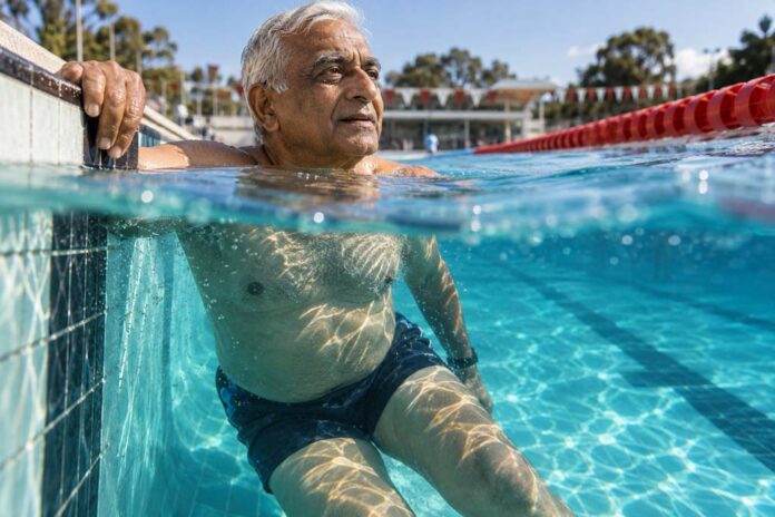 Older man resting at a pool’s edge with his body visible beneath turquoise water, accompanying an article on ageing and health.