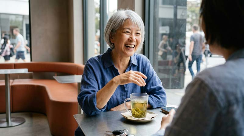 An older Chinese woman laughs with a friend in a contemporary tea bar, with a glass of loose-leaf green tea on the table.
