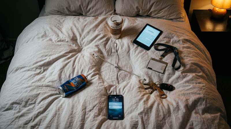 Everyday objects and charging cables form a clock on a duvet, illustrating why you might be tired but can't sleep.