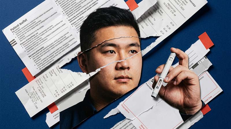 A collage about Wegovy, Ozempic and Mounjaro shows a man and a hand holding an injection pen among prescription paperwork, a medicine leaflet and a pharmacy receipt.