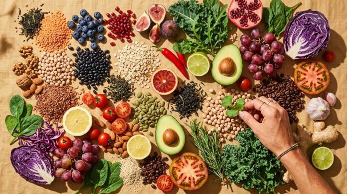 An overhead spread of colourful plant foods including fruit, vegetables, beans, grains, nuts, seeds and herbs arranged across a warm surface, with a hand placing one more herb among them to suggest 30 plants a week.