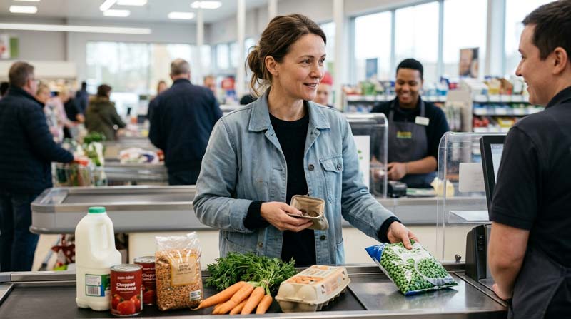 A woman holding an open coin purse smiles at a supermarket cashier as she places a bag of frozen peas beside the till.